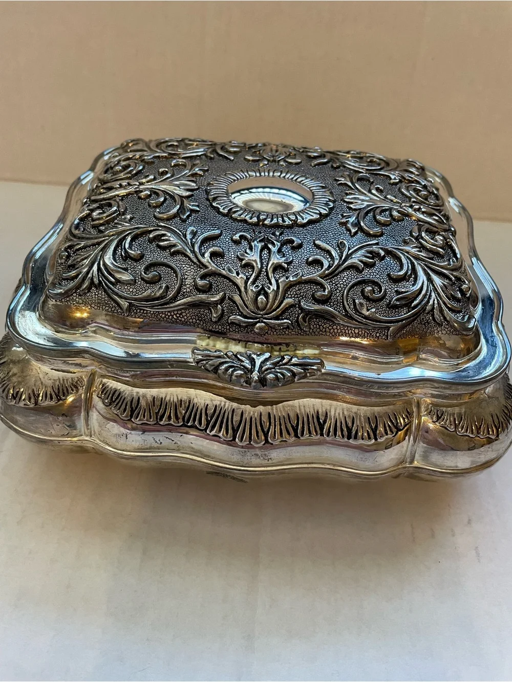 Vintage Godinger Silverplate Victorian Ornate Jewelry Box Red Velvet Lining